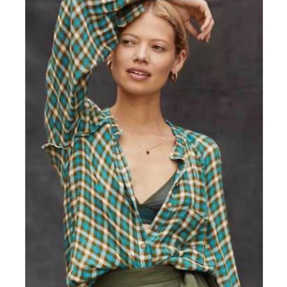 Pilcro Anthropologie Gingham Plaid Wool Blend Button Down Blouse Teal Green XS